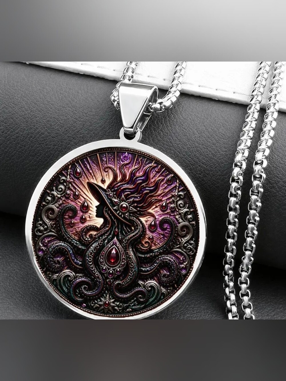 Artisan Pendant Necklace with Purple Multitone Witch Motif